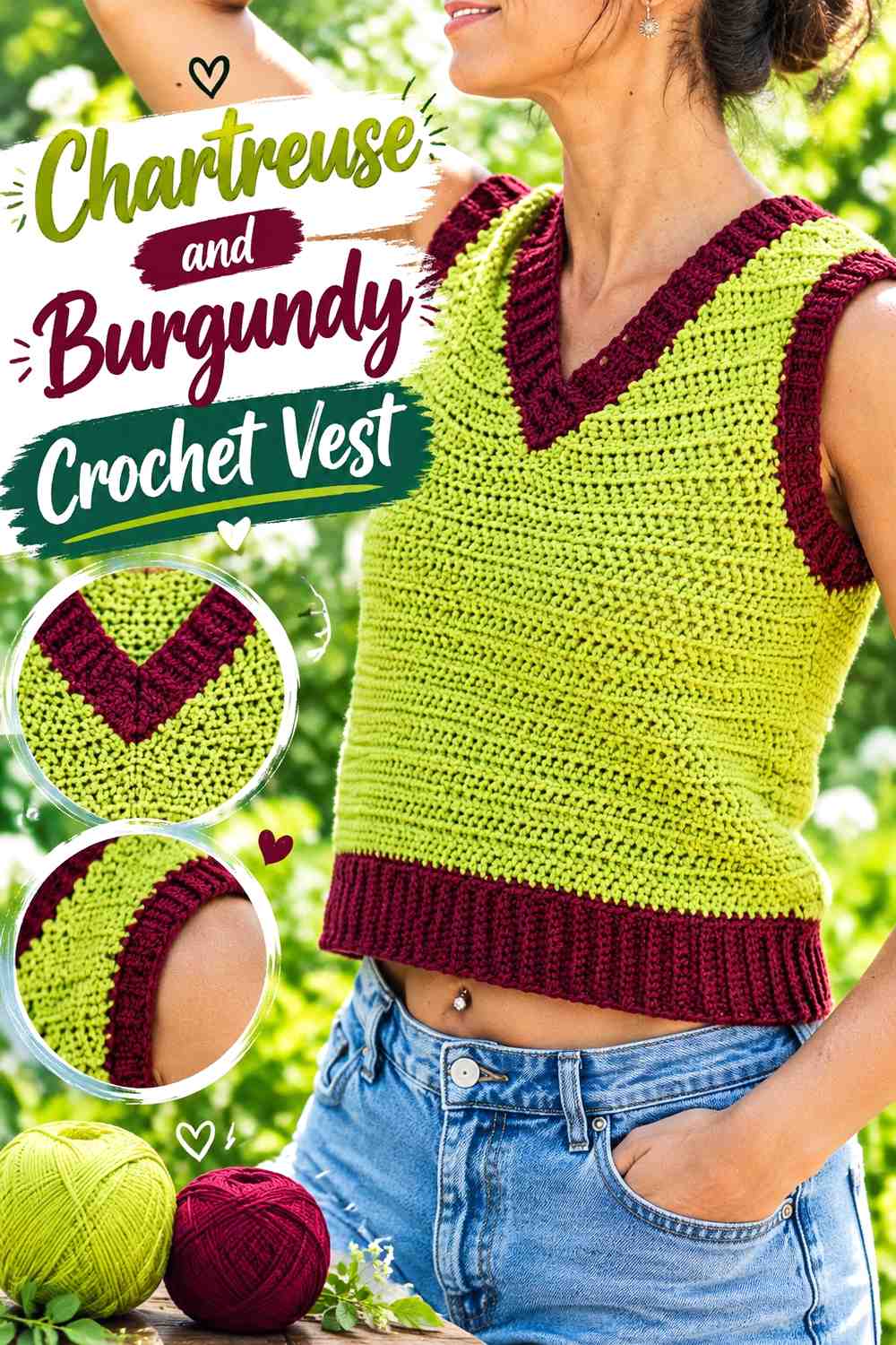 8. Chartreuse And Burgundy Crochet Vest