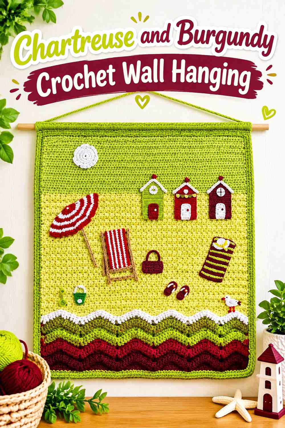 13. Chartreuse And Burgundy Crochet Wall Hanging