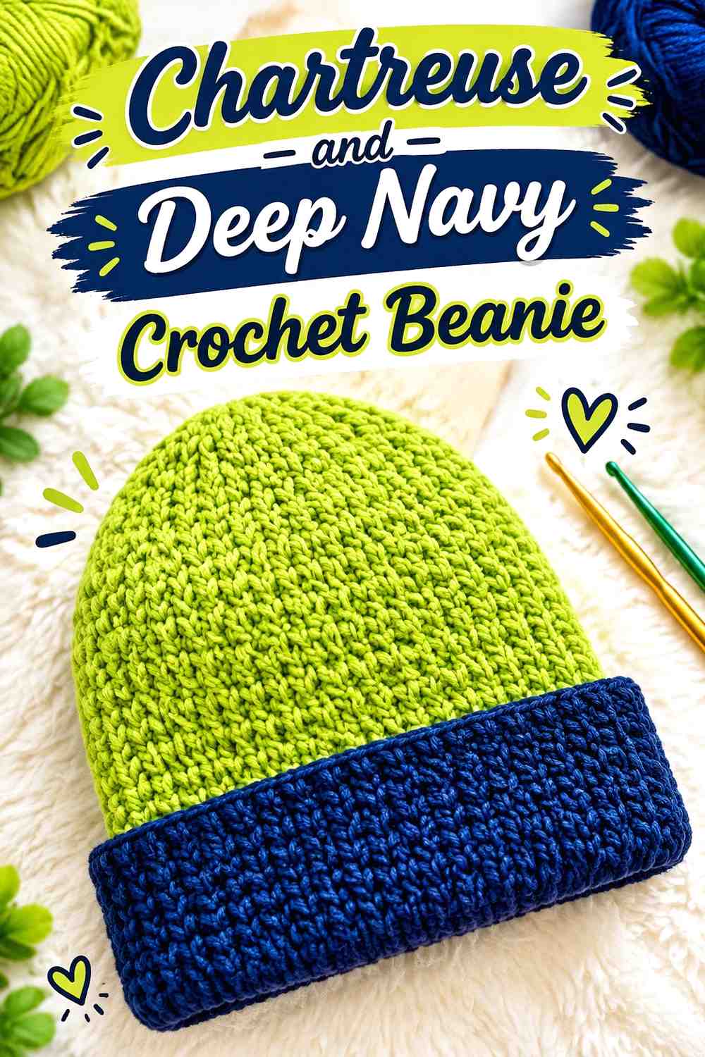 6. Chartreuse And Deep Navy Crochet Beanie
