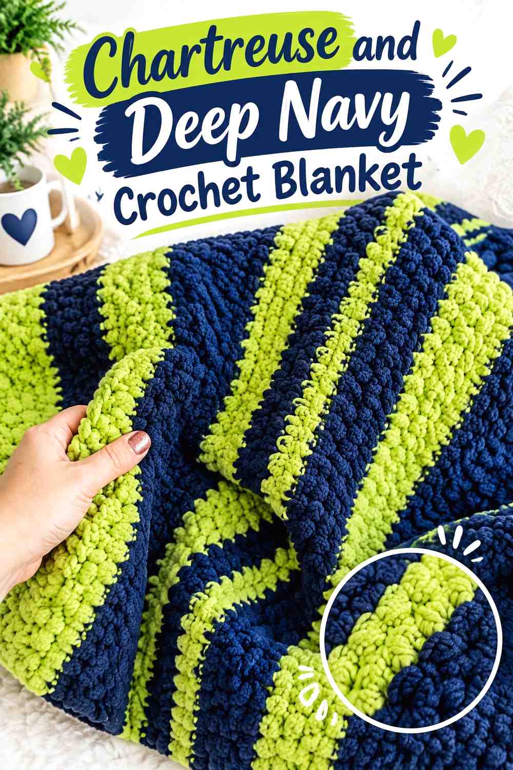 4. Chartreuse And Deep Navy Crochet Blanket