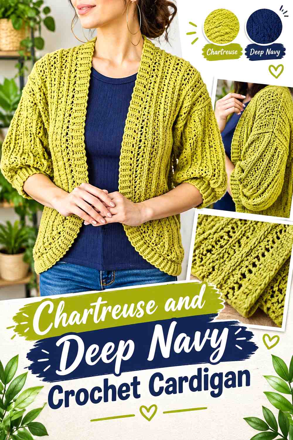 1. Chartreuse And Deep Navy Crochet Cardigan