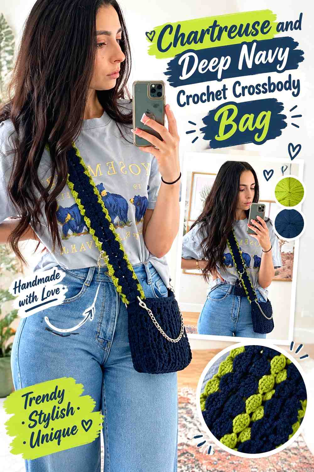 9. Chartreuse And Deep Navy Crochet Crossbody Bag