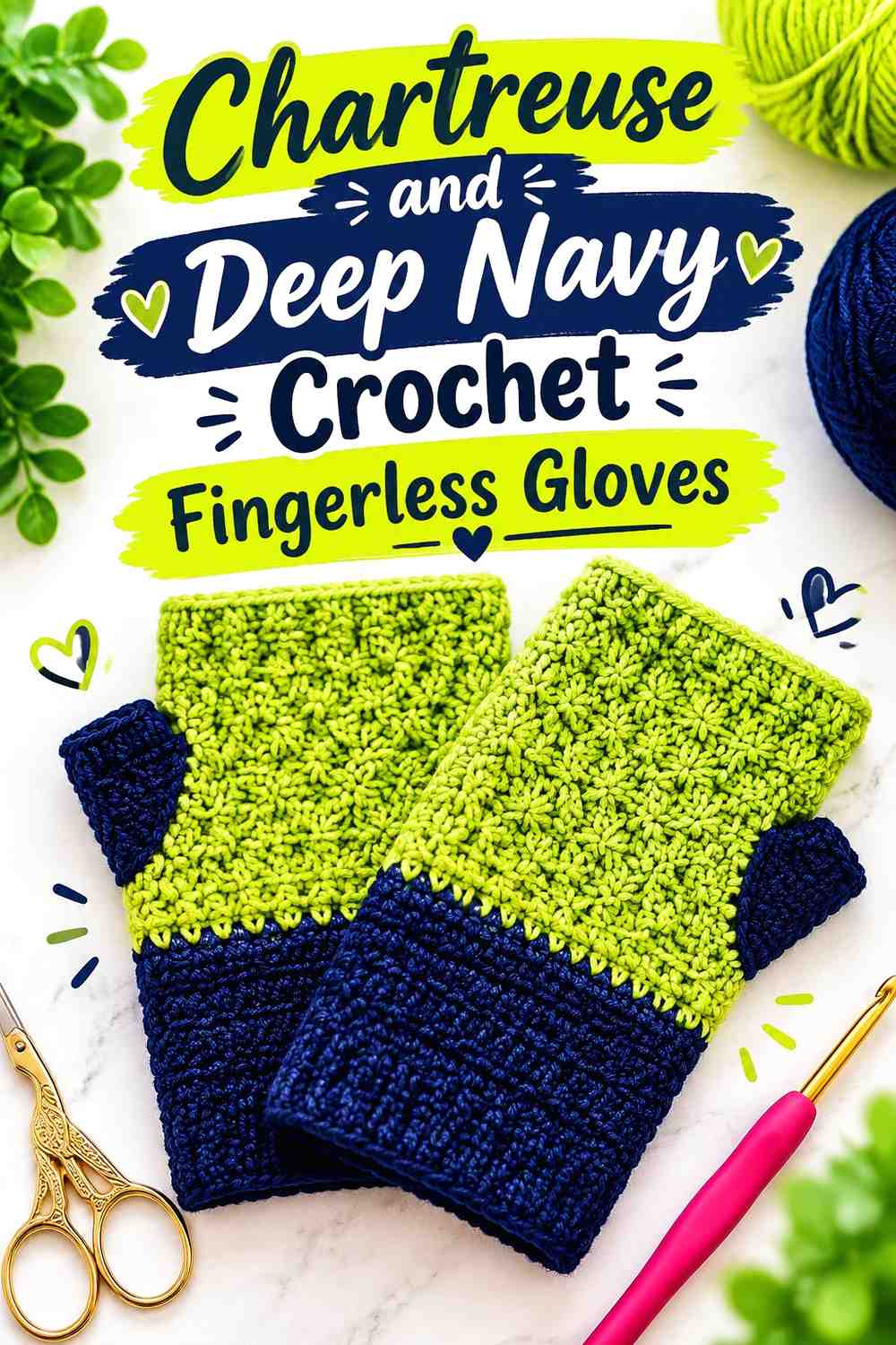 16. Chartreuse And Deep Navy Crochet Fingerless Gloves