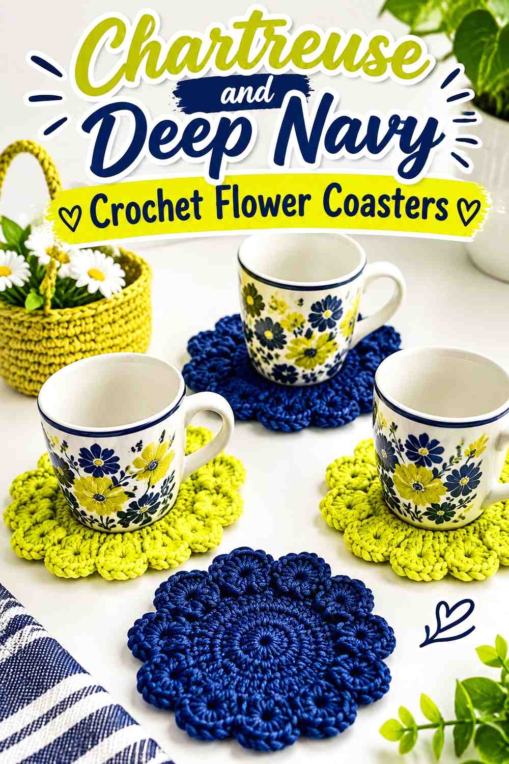 11. Chartreuse And Deep Navy Crochet Flower Coasters