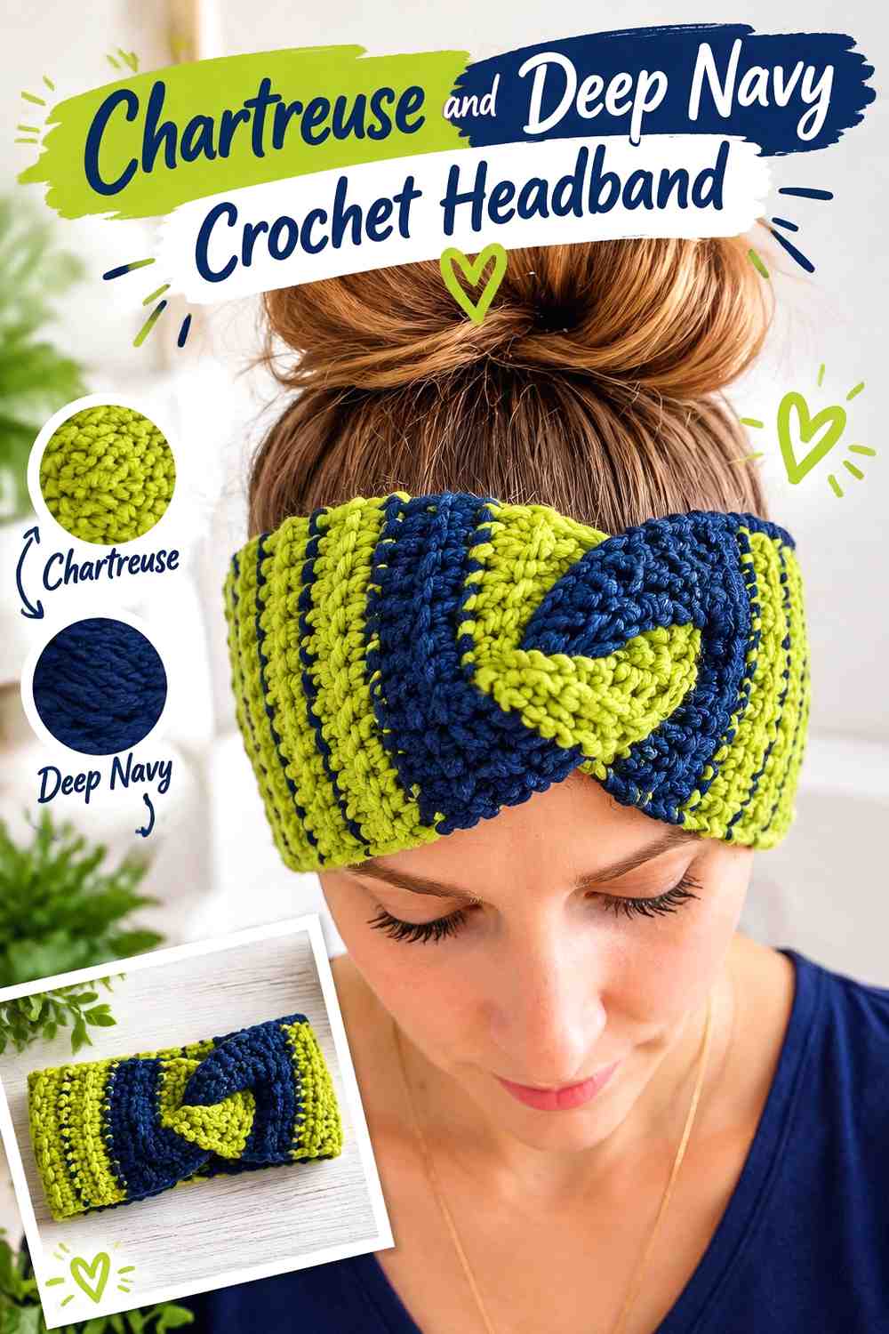 20. Chartreuse And Deep Navy Crochet Headband