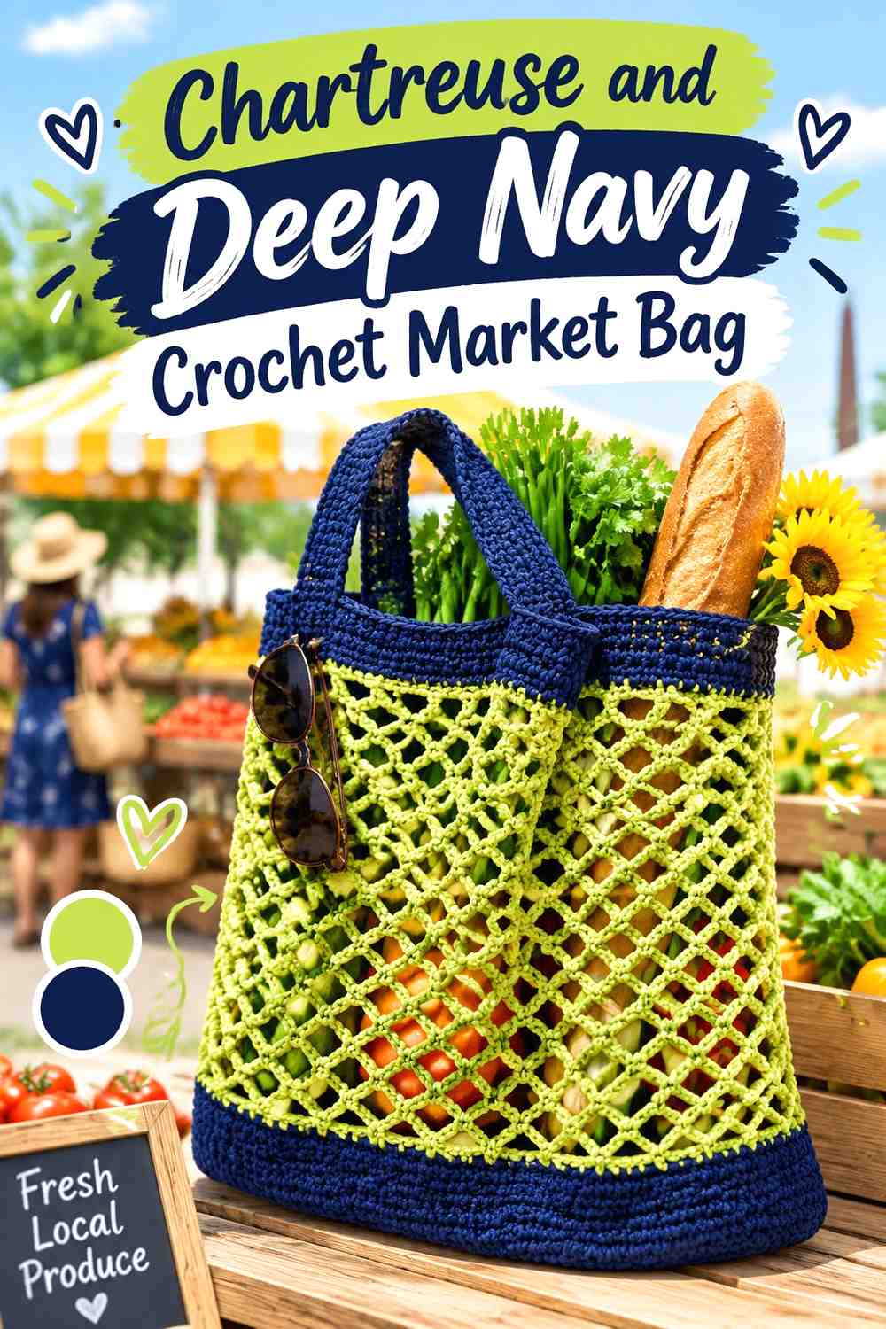 19. Chartreuse And Deep Navy Crochet Market Bag