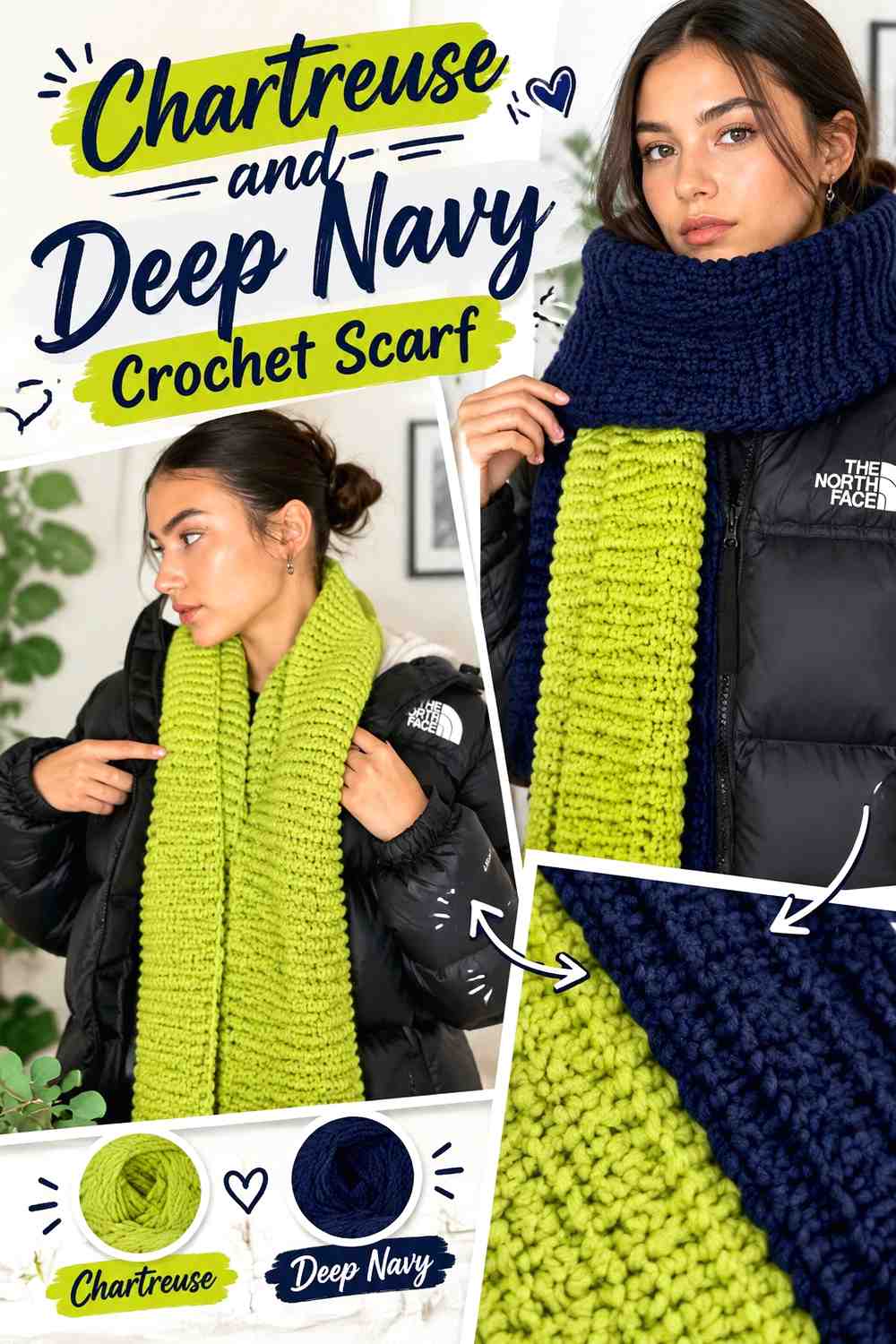 5. Chartreuse And Deep Navy Crochet Scarf