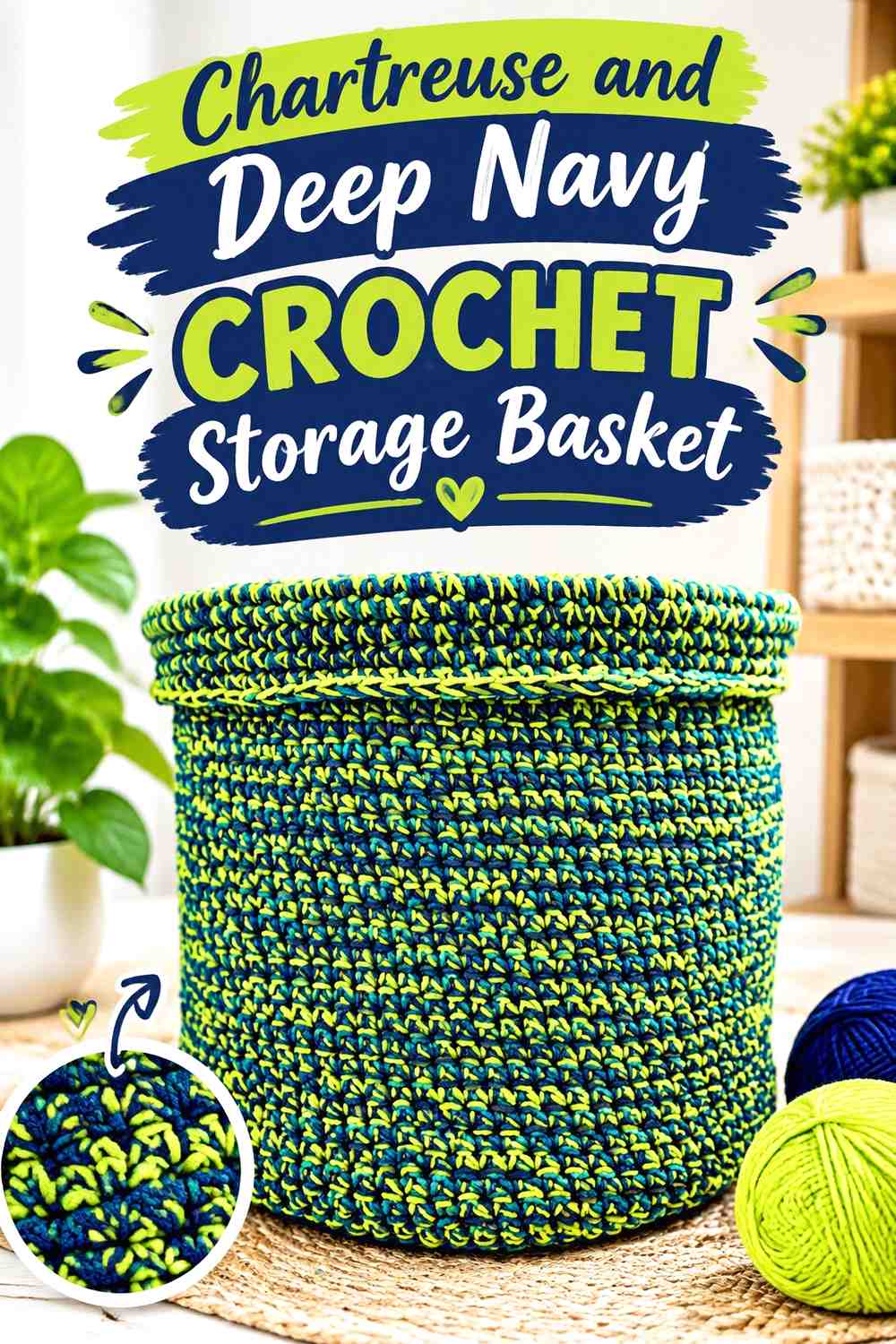 18. Chartreuse And Deep Navy Crochet Storage Basket