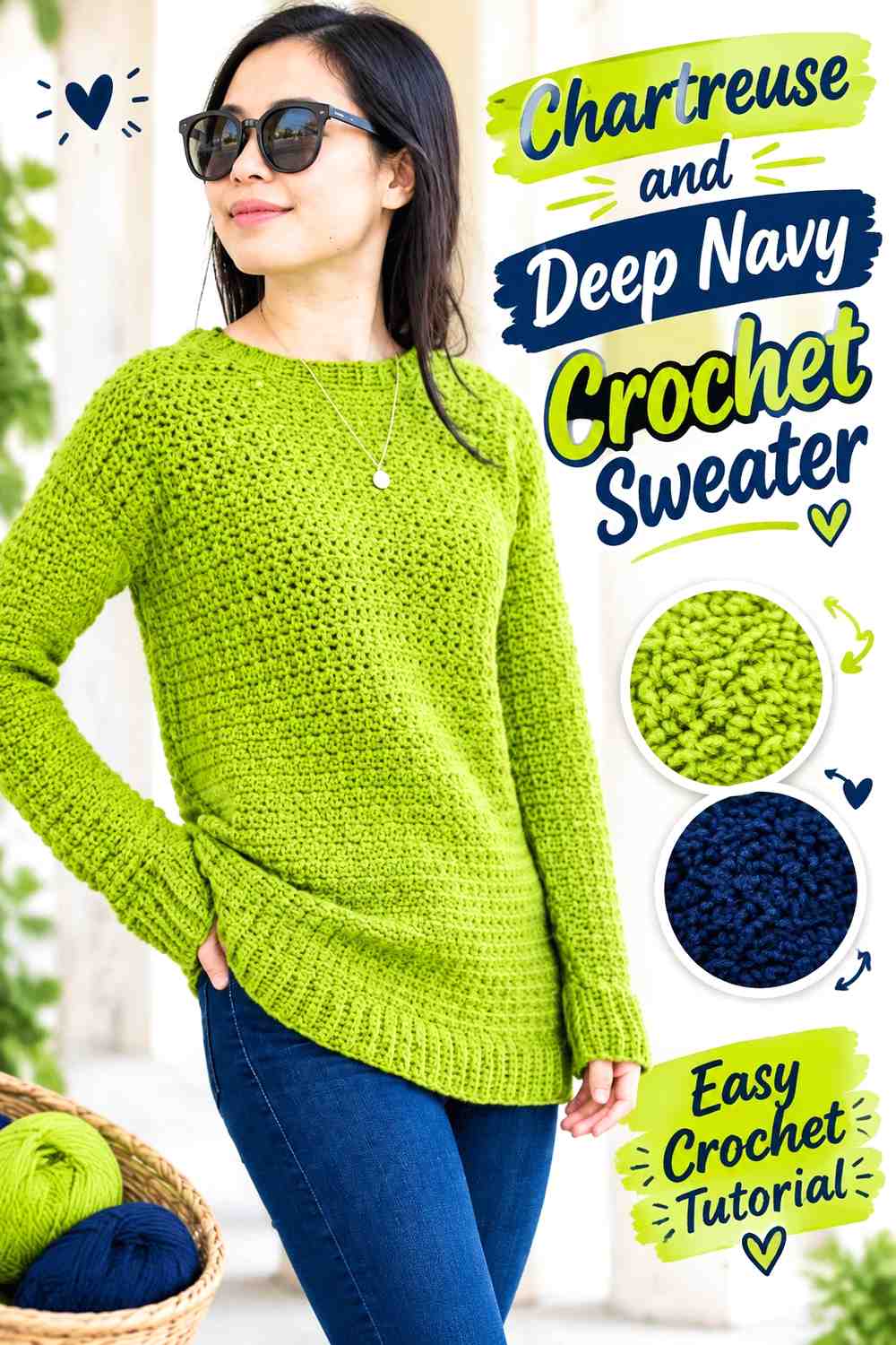 14. Chartreuse And Deep Navy Crochet Sweater