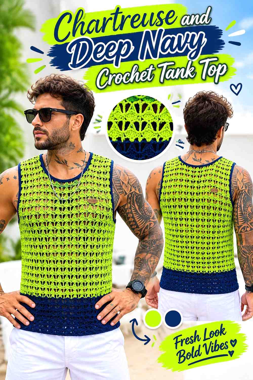 8. Chartreuse And Deep Navy Crochet Tank Top