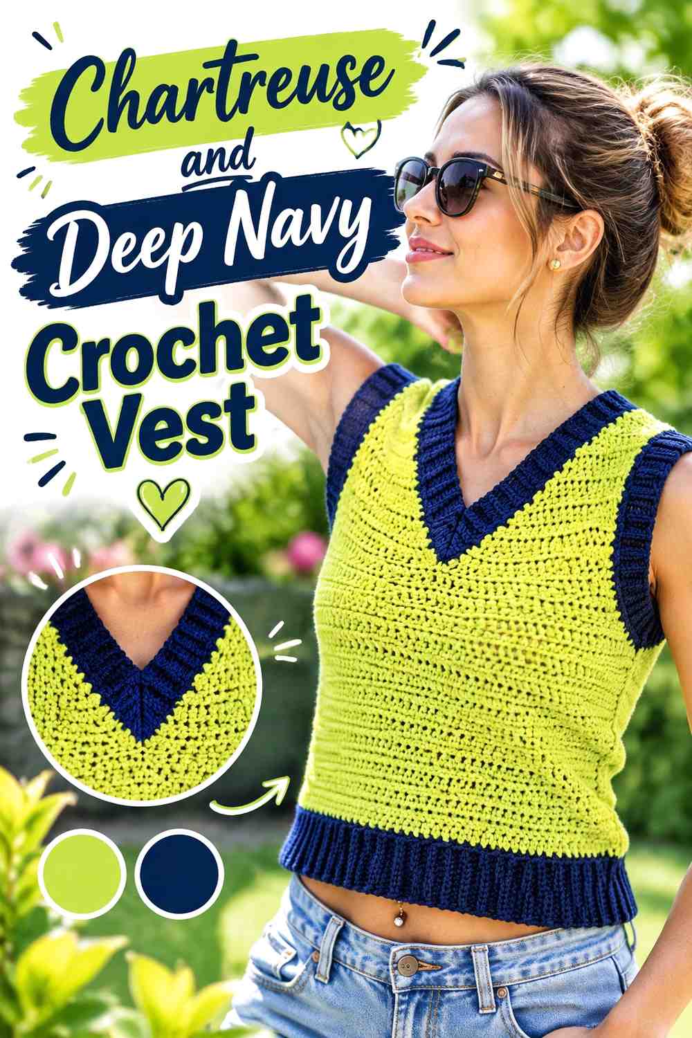 7. Chartreuse And Deep Navy Crochet Vest