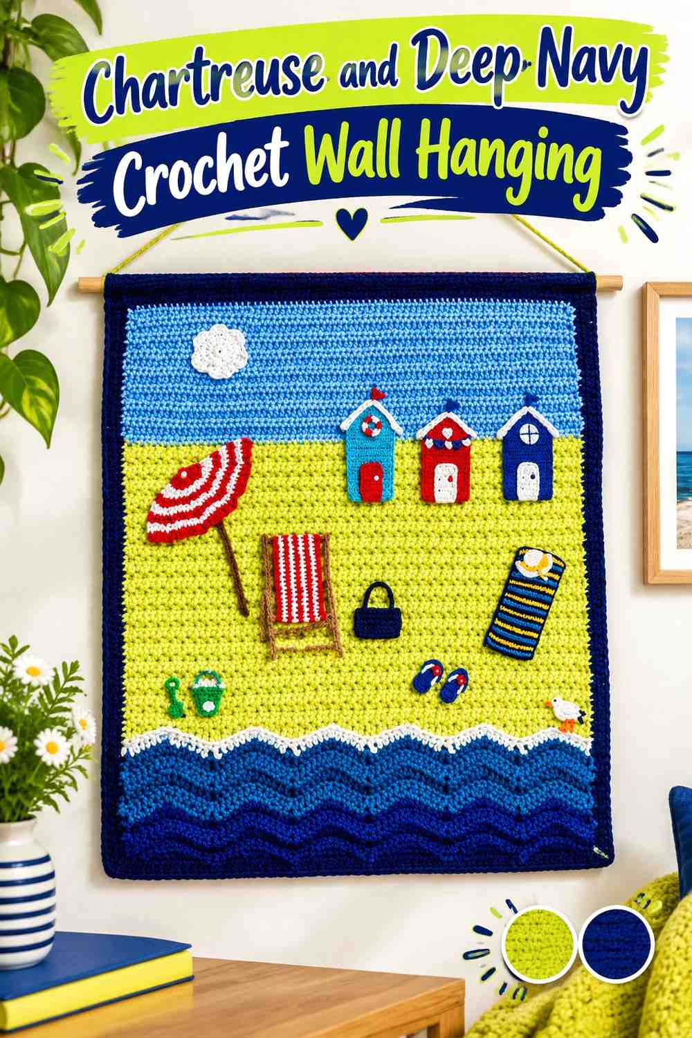 12. Chartreuse And Deep Navy Crochet Wall Hanging