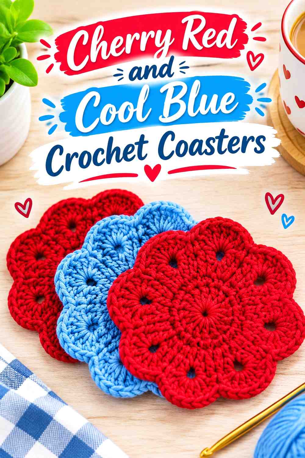 12. Cherry Red And Cool Blue Crochet Coasters