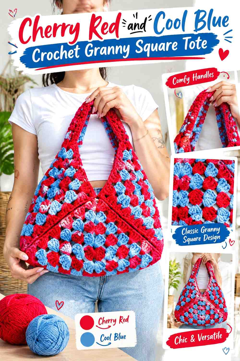 3. Cherry Red And Cool Blue Crochet Granny Square Tote