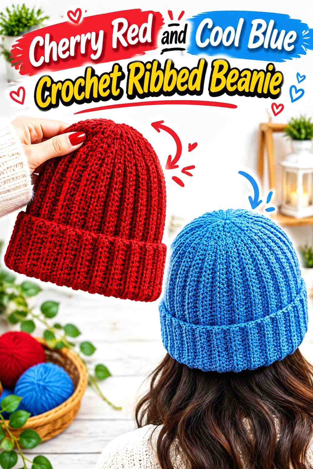 5. Cherry Red And Cool Blue Crochet Ribbed Beanie