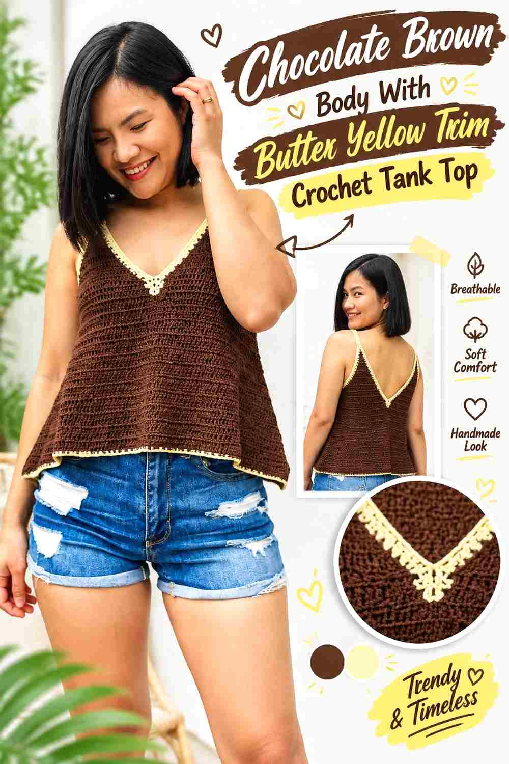 1. Chocolate Brown Body With Butter Yellow Trim Crochet Tank Top
