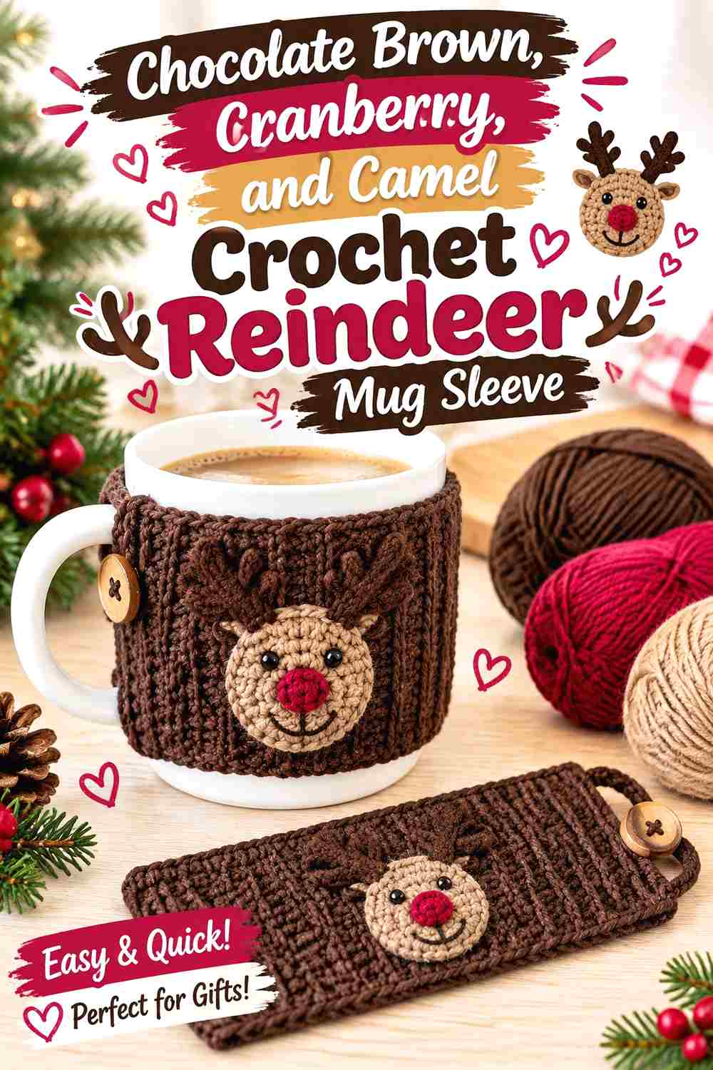 6. Chocolate Brown Cranberry And Camel Crochet Reindeer Mug Sleeve