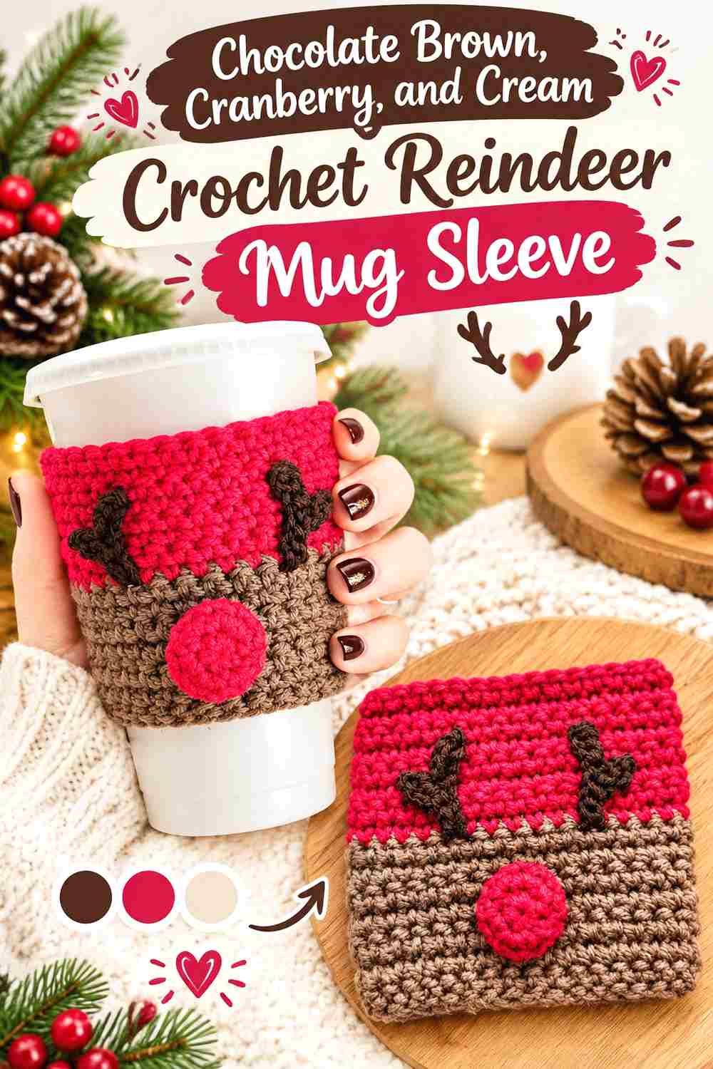 1. Chocolate Brown Cranberry And Cream Crochet Reindeer Mug Sleeve