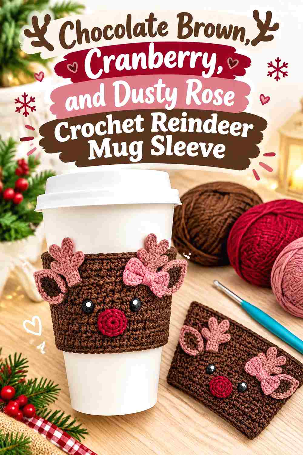 7. Chocolate Brown Cranberry And Dusty Rose Crochet Reindeer Mug Sleeve