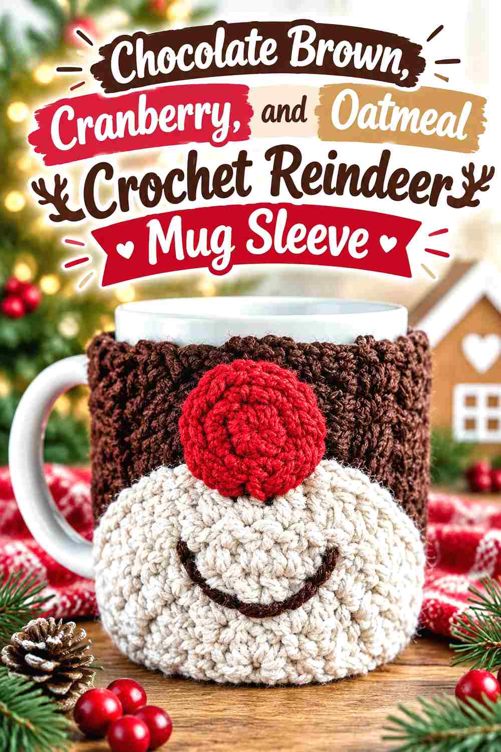 2. Chocolate Brown Cranberry And Oatmeal Crochet Reindeer Mug Sleeve