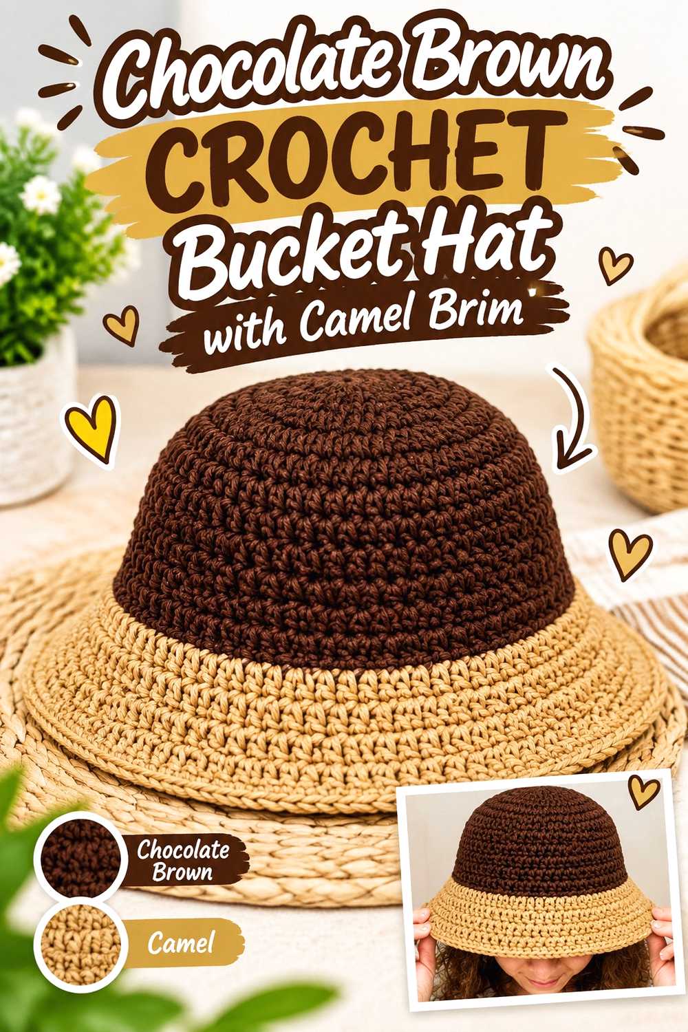 9. Chocolate Brown Crochet Bucket Hat With Camel Brim