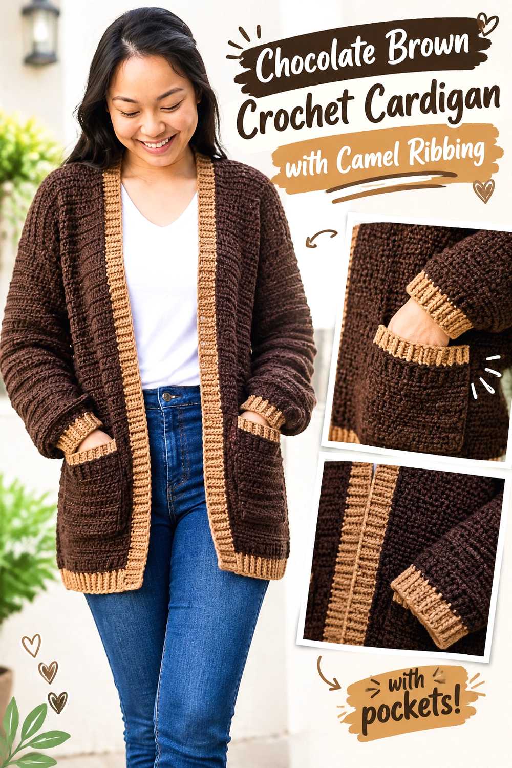 1. Chocolate Brown Crochet Cardigan With Camel Ribbing