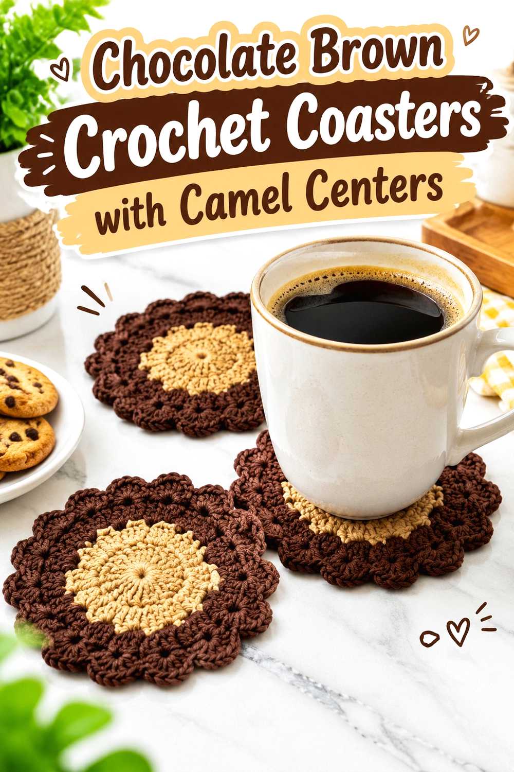 6. Chocolate Brown Crochet Coasters With Camel Centers