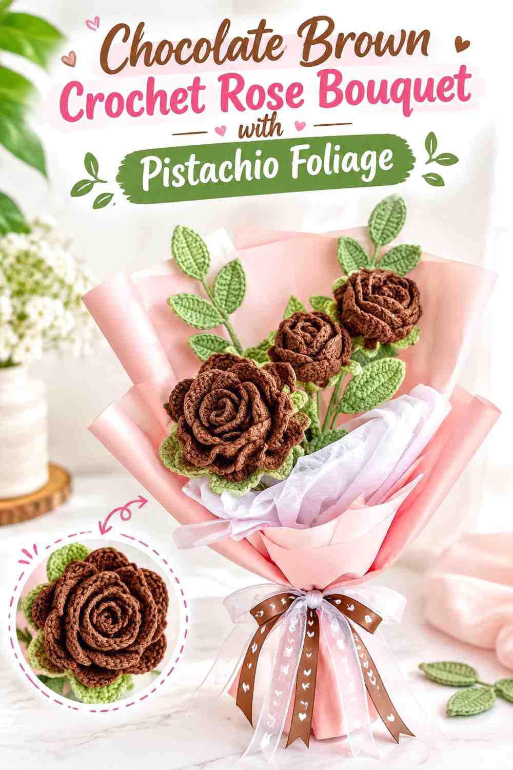 12. Chocolate Brown Crochet Rose Bouquet With Pistachio Foliage