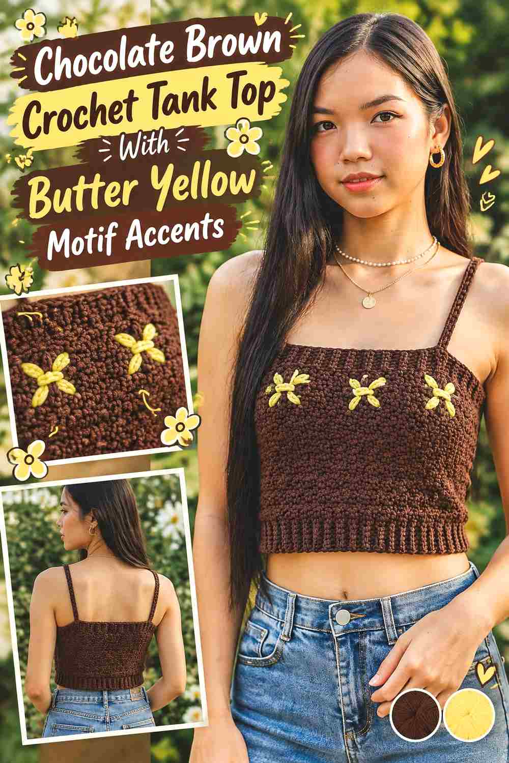 9. Chocolate Brown Crochet Tank Top With Butter Yellow Motif Accents