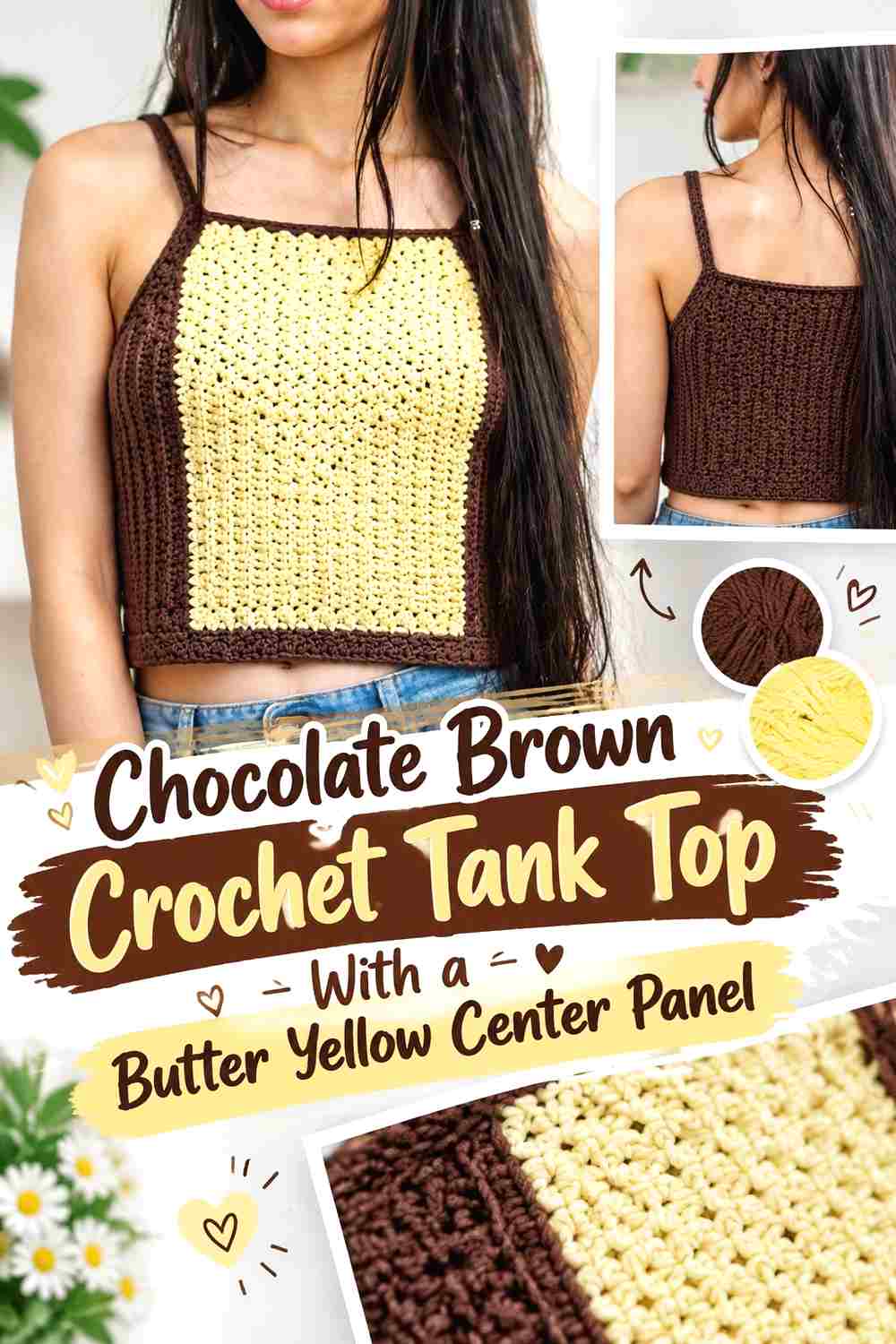 7. Chocolate Brown Crochet Tank Top With A Butter Yellow Center Panel