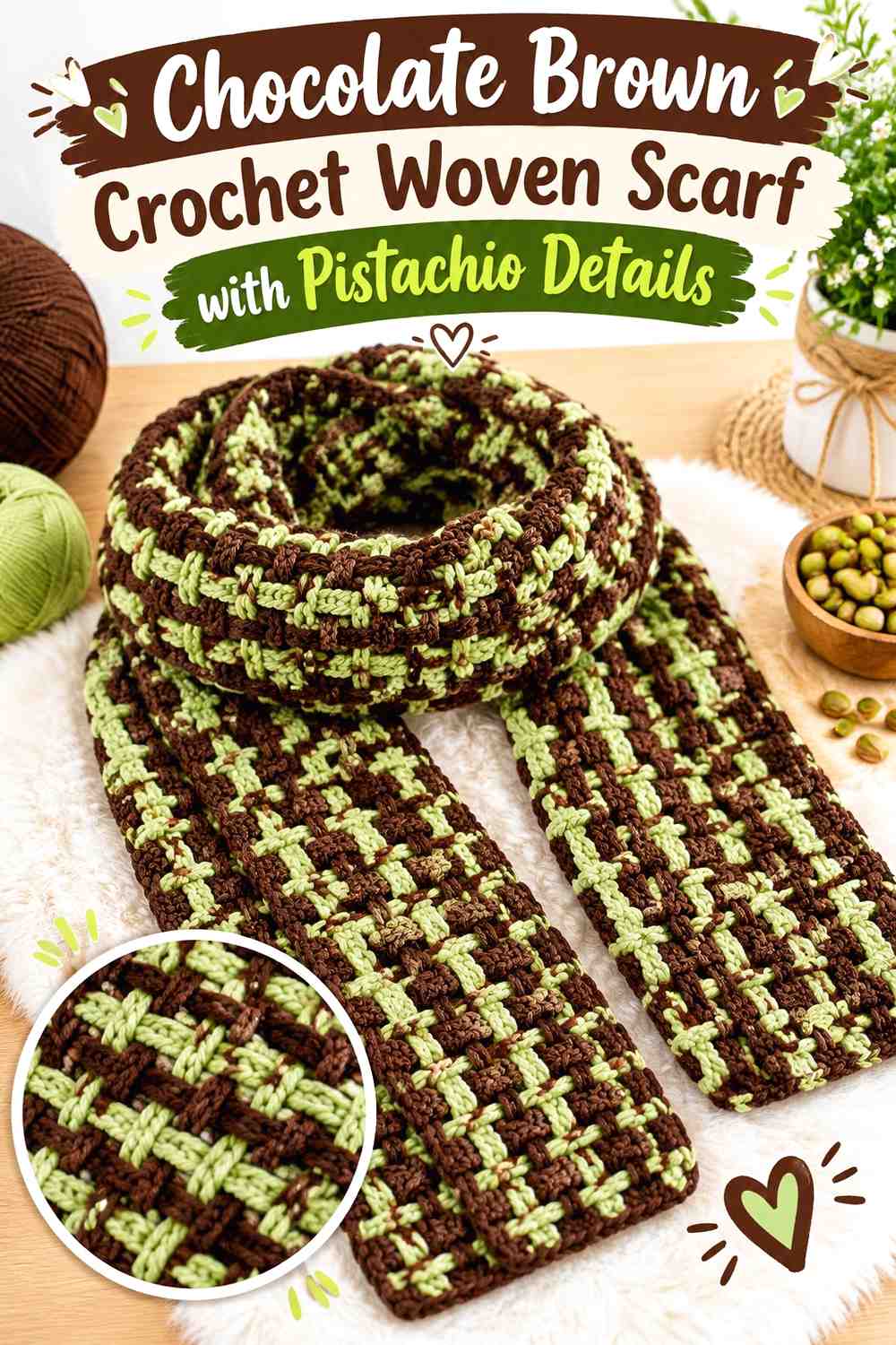3. Chocolate Brown Crochet Woven Scarf With Pistachio Details
