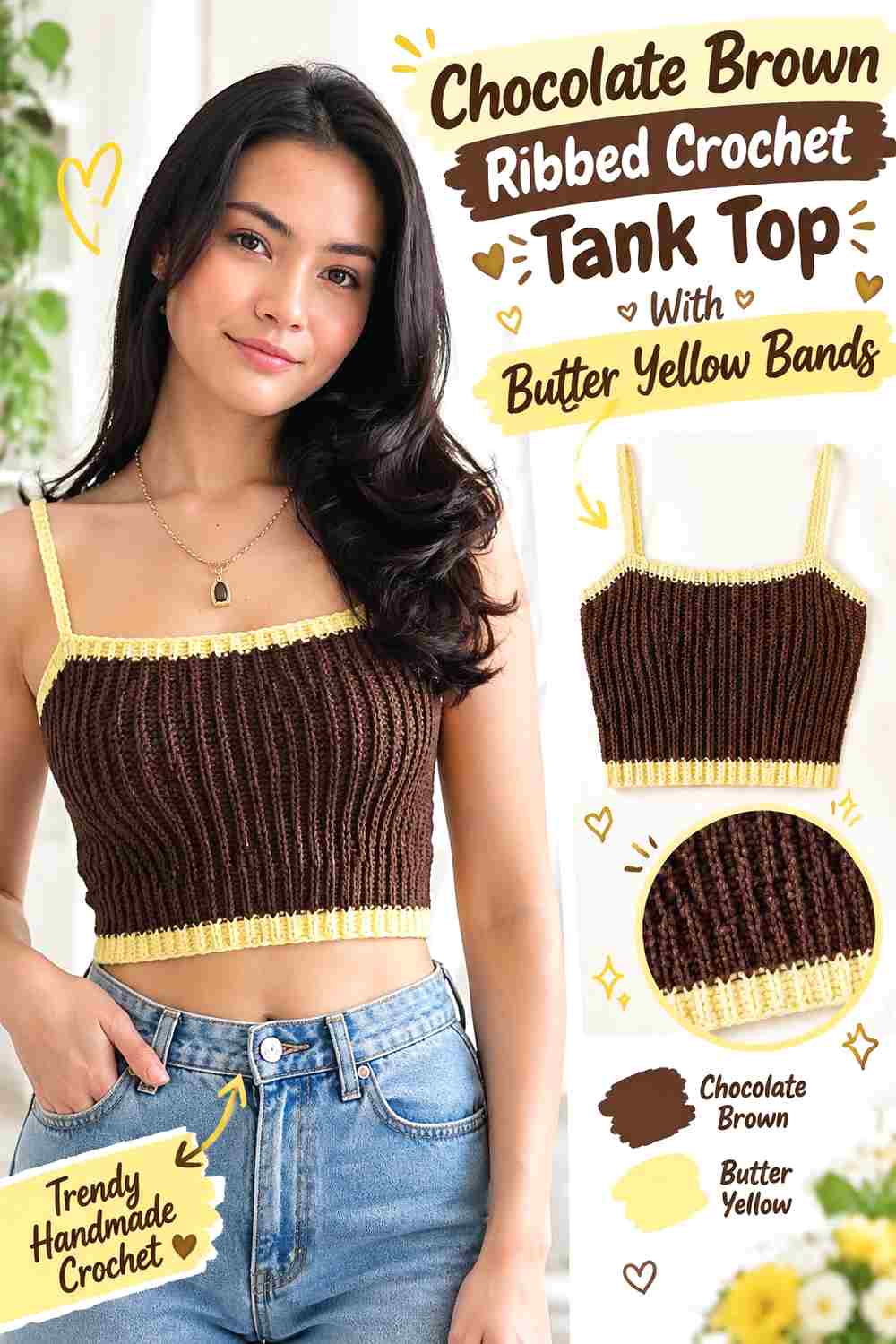 5. Chocolate Brown Ribbed Crochet Tank Top With Butter Yellow Bands