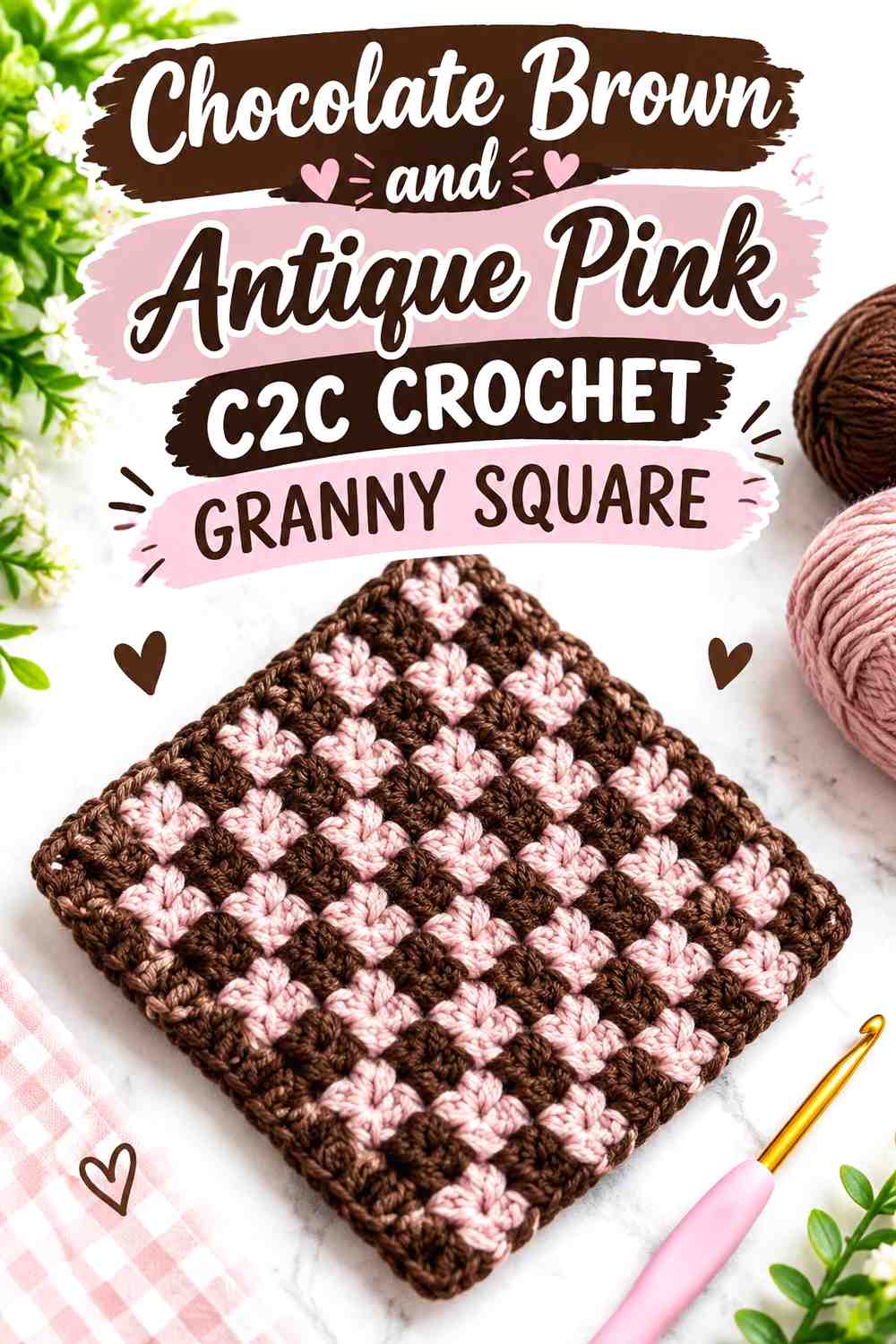 4. Chocolate Brown And Antique Pink C2c Crochet Granny Square
