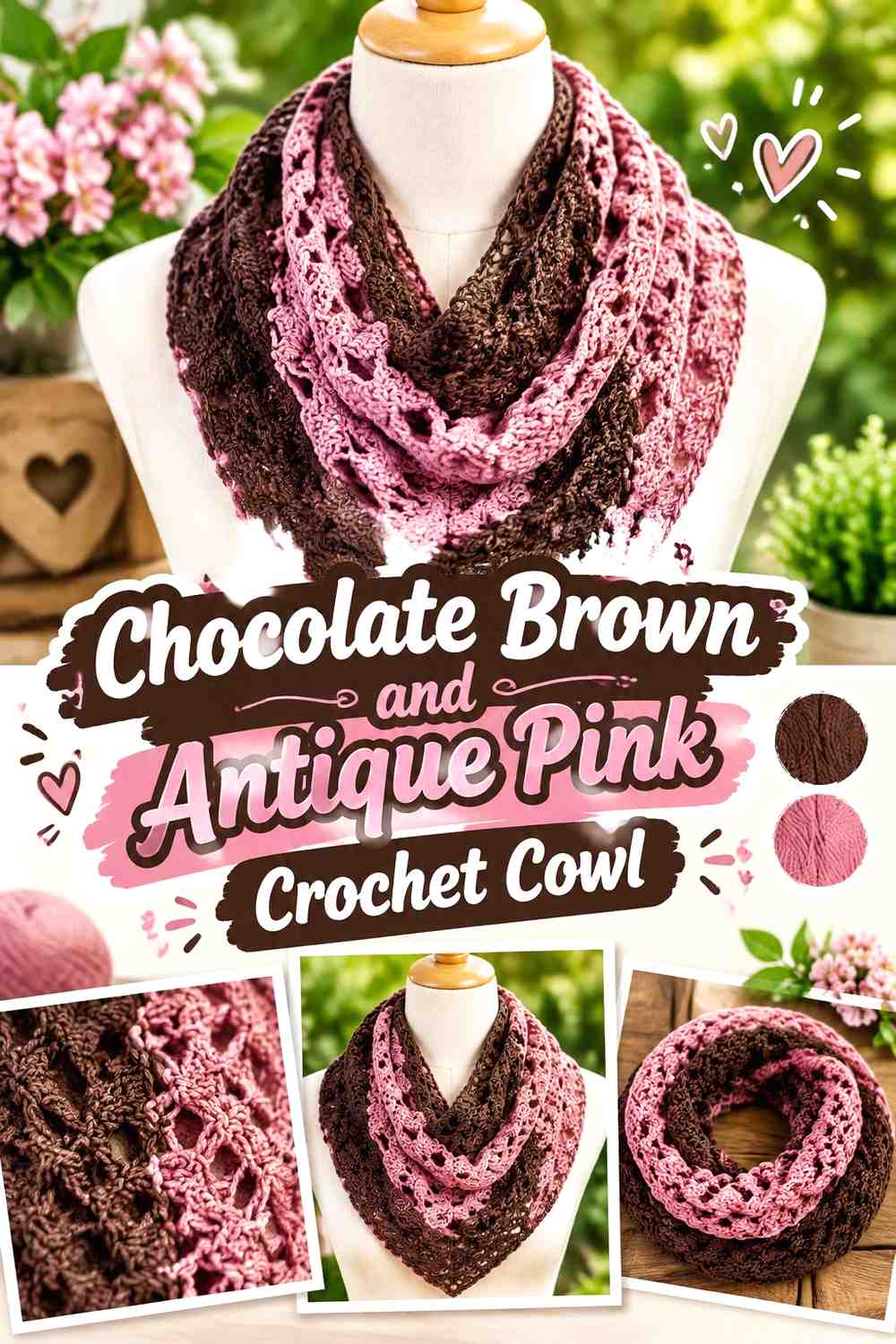 8. Chocolate Brown And Antique Pink Crochet Cowl