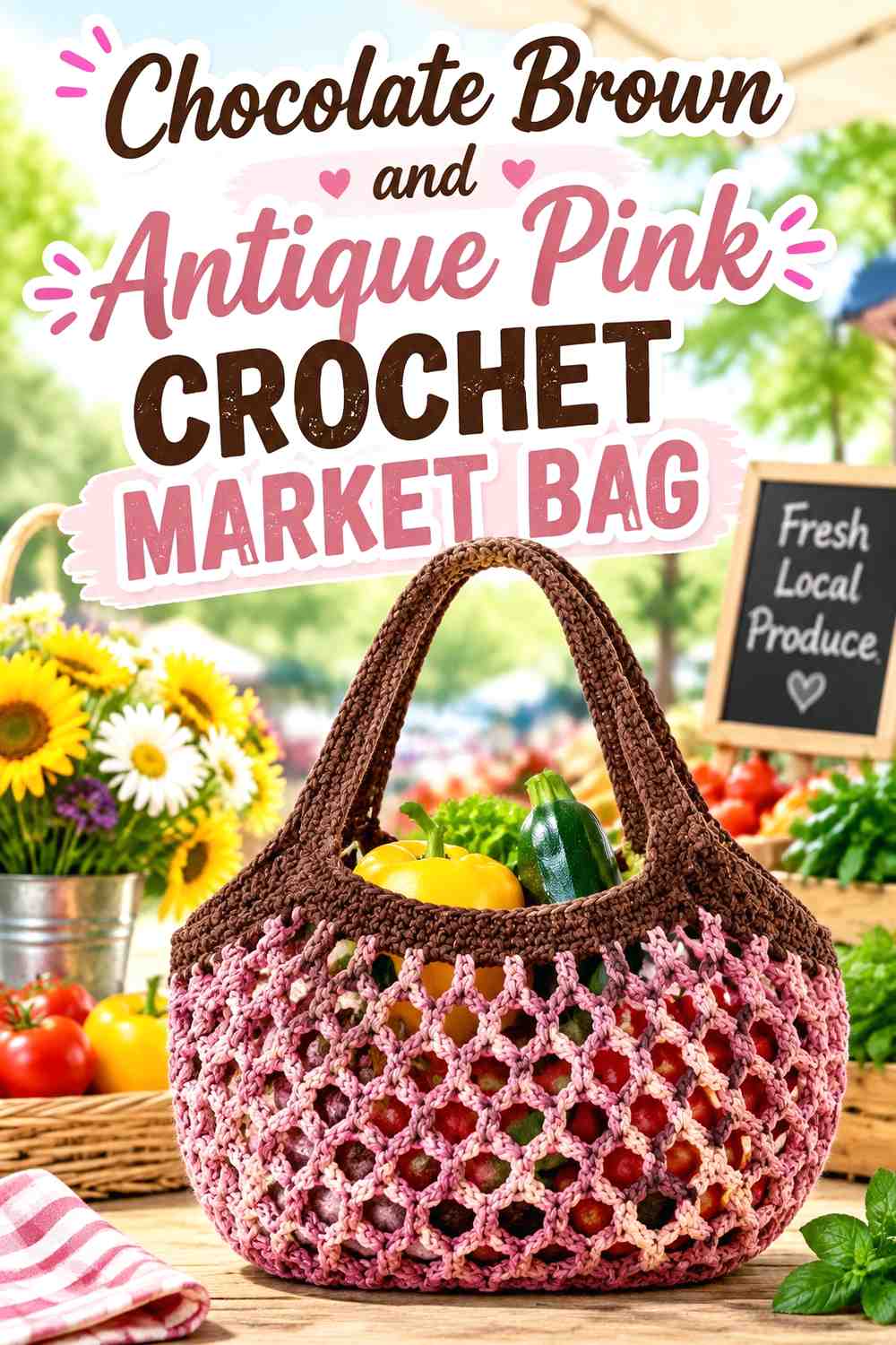 12. Chocolate Brown And Antique Pink Crochet Market Bag