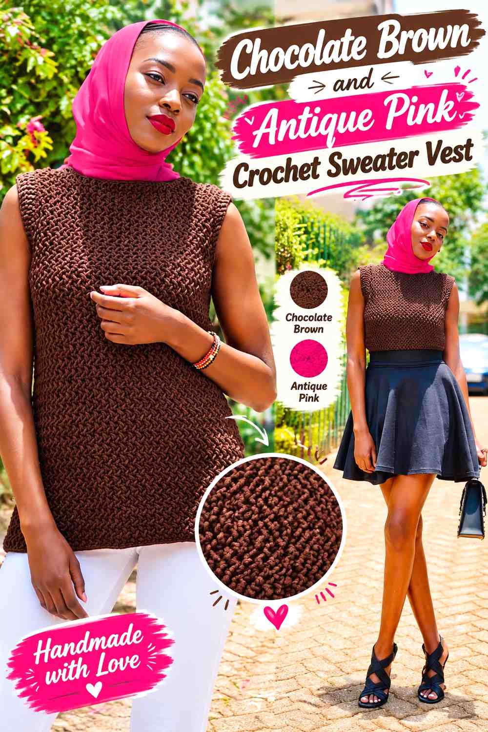 13. Chocolate Brown And Antique Pink Crochet Sweater Vest