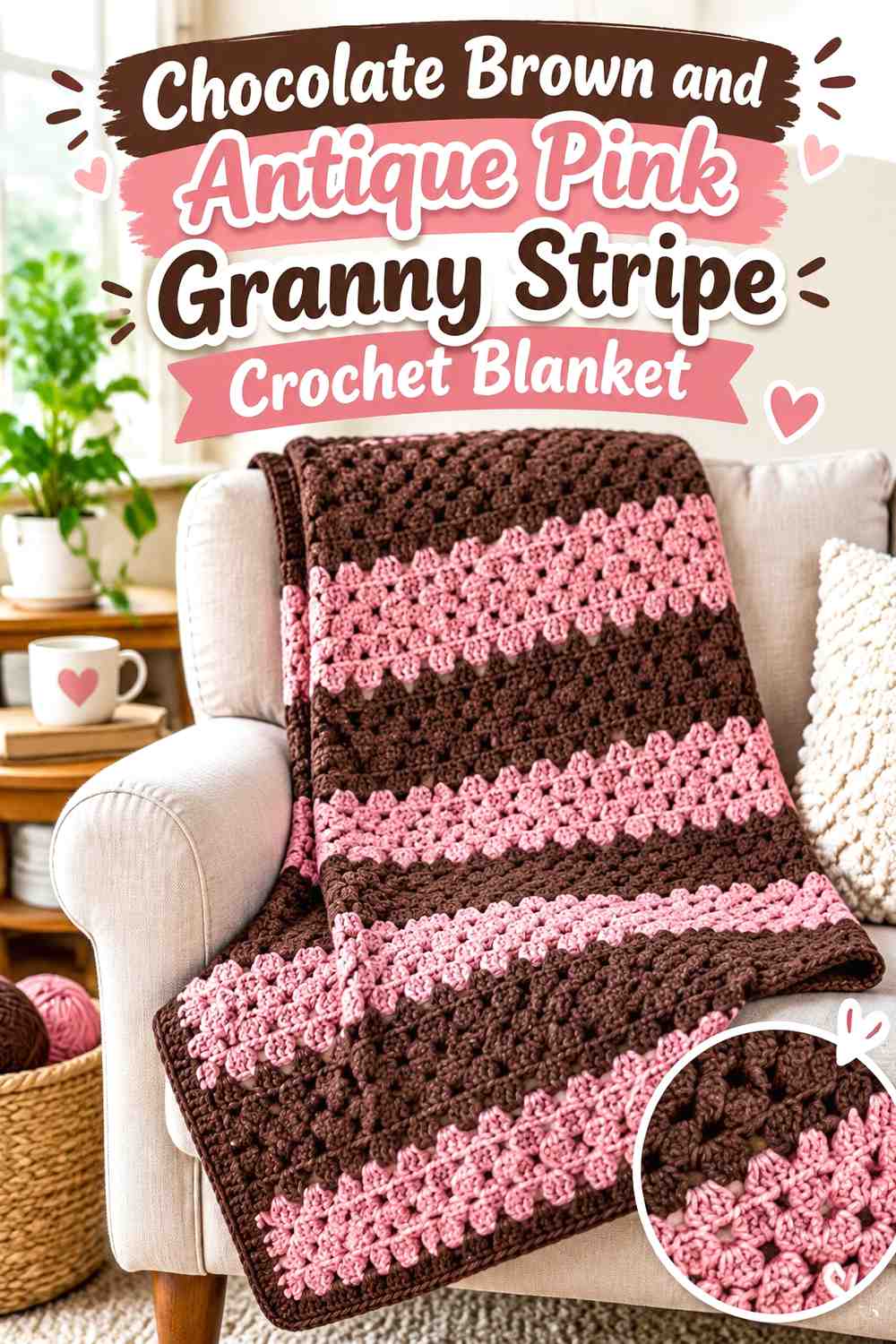 1. Chocolate Brown And Antique Pink Granny Stripe Crochet Blanket