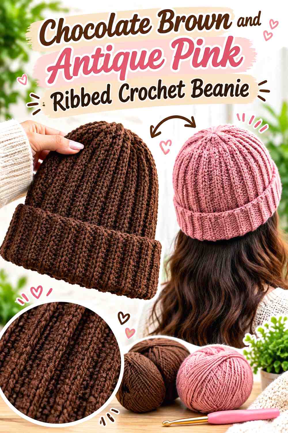 2. Chocolate Brown And Antique Pink Ribbed Crochet Beanie