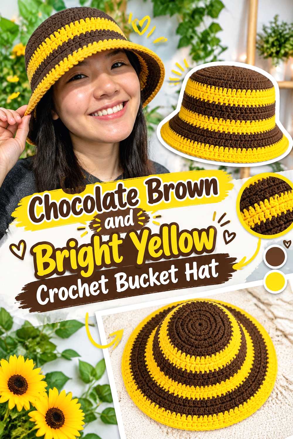 2. Chocolate Brown And Bright Yellow Crochet Bucket Hat