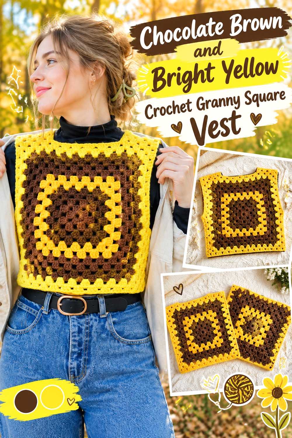 3. Chocolate Brown And Bright Yellow Crochet Granny Square Vest
