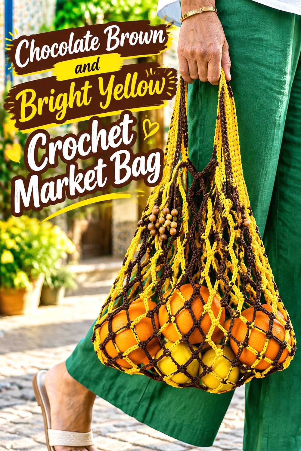 1. Chocolate Brown And Bright Yellow Crochet Market Bag