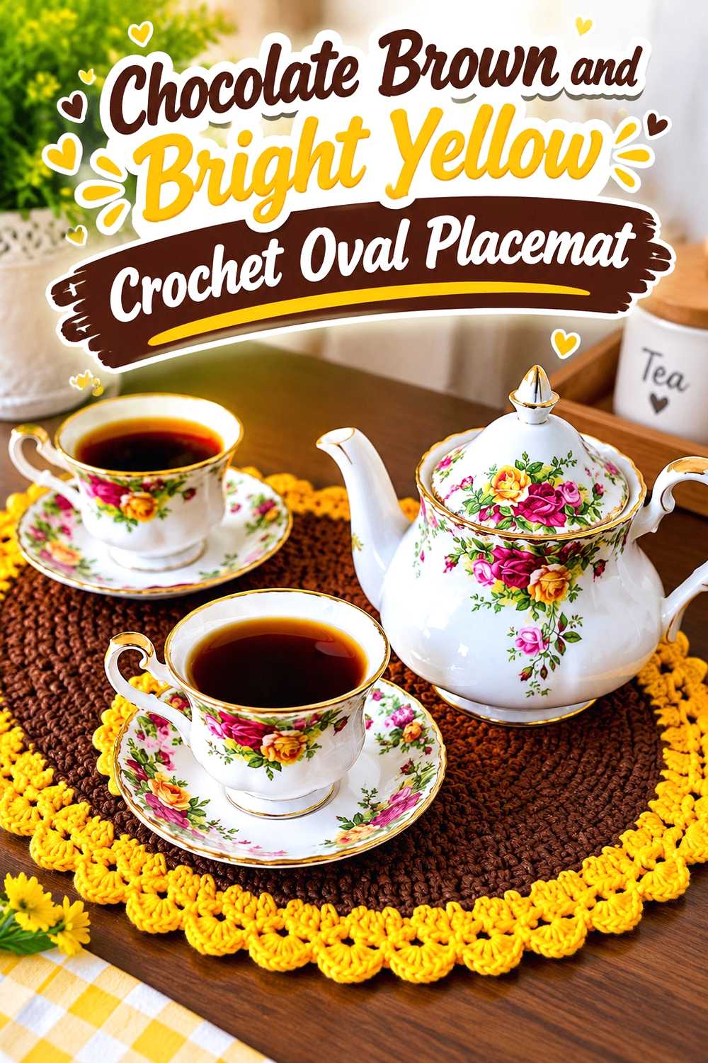 9. Chocolate Brown And Bright Yellow Crochet Oval Placemat