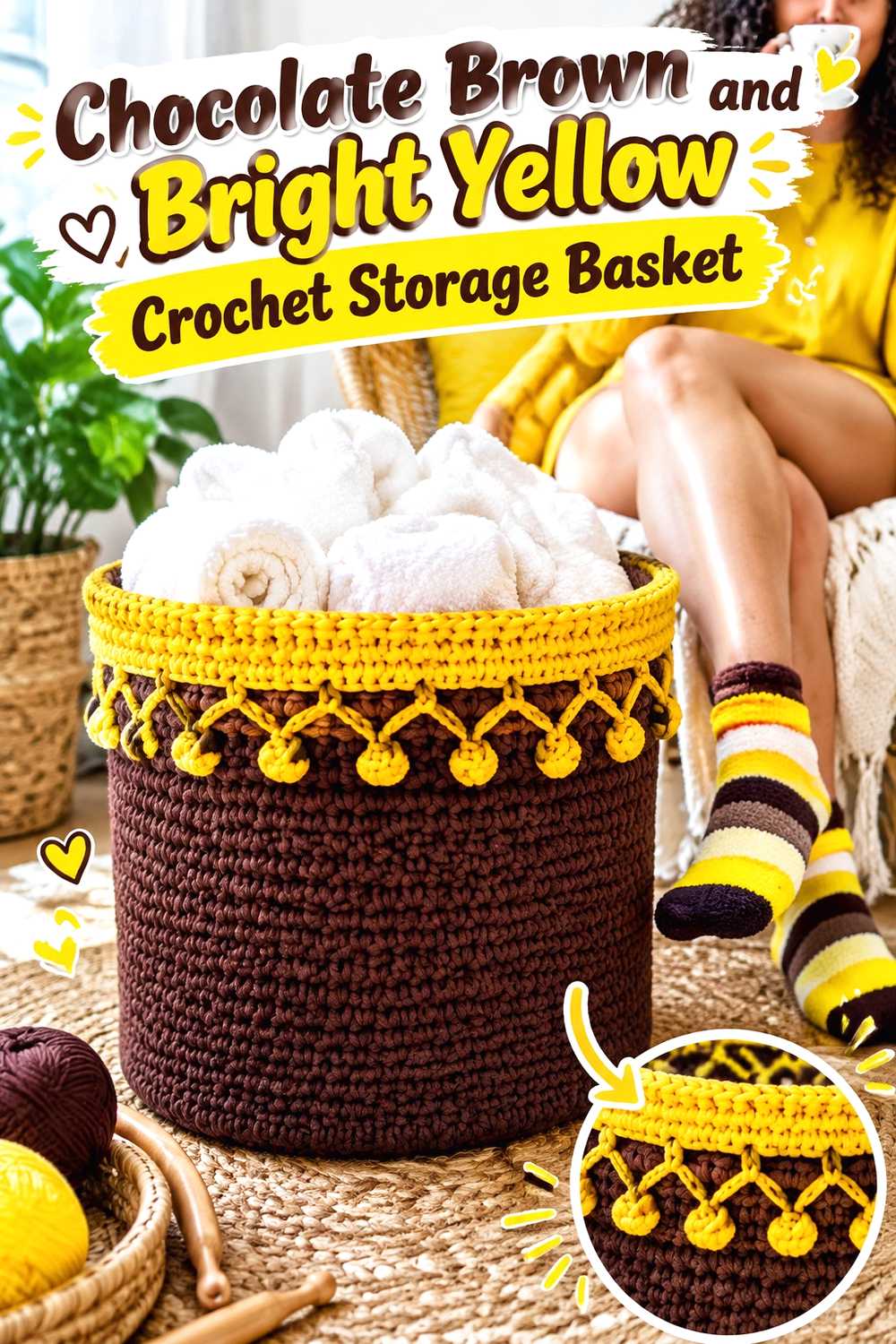 4. Chocolate Brown And Bright Yellow Crochet Storage Basket