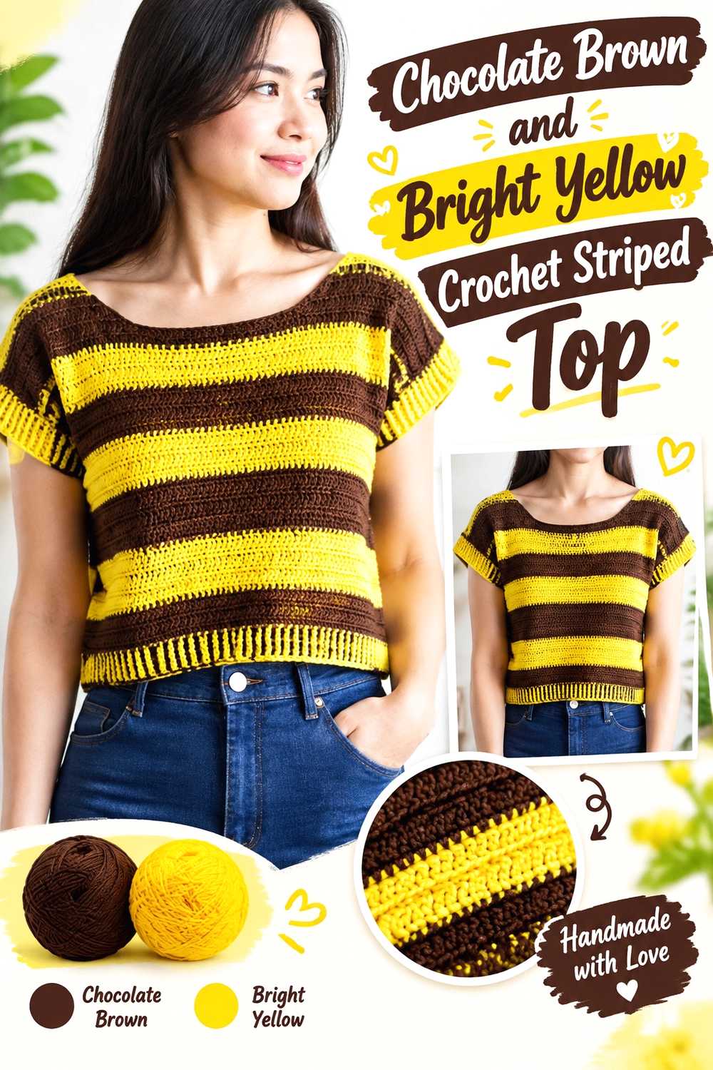 6. Chocolate Brown And Bright Yellow Crochet Striped Top