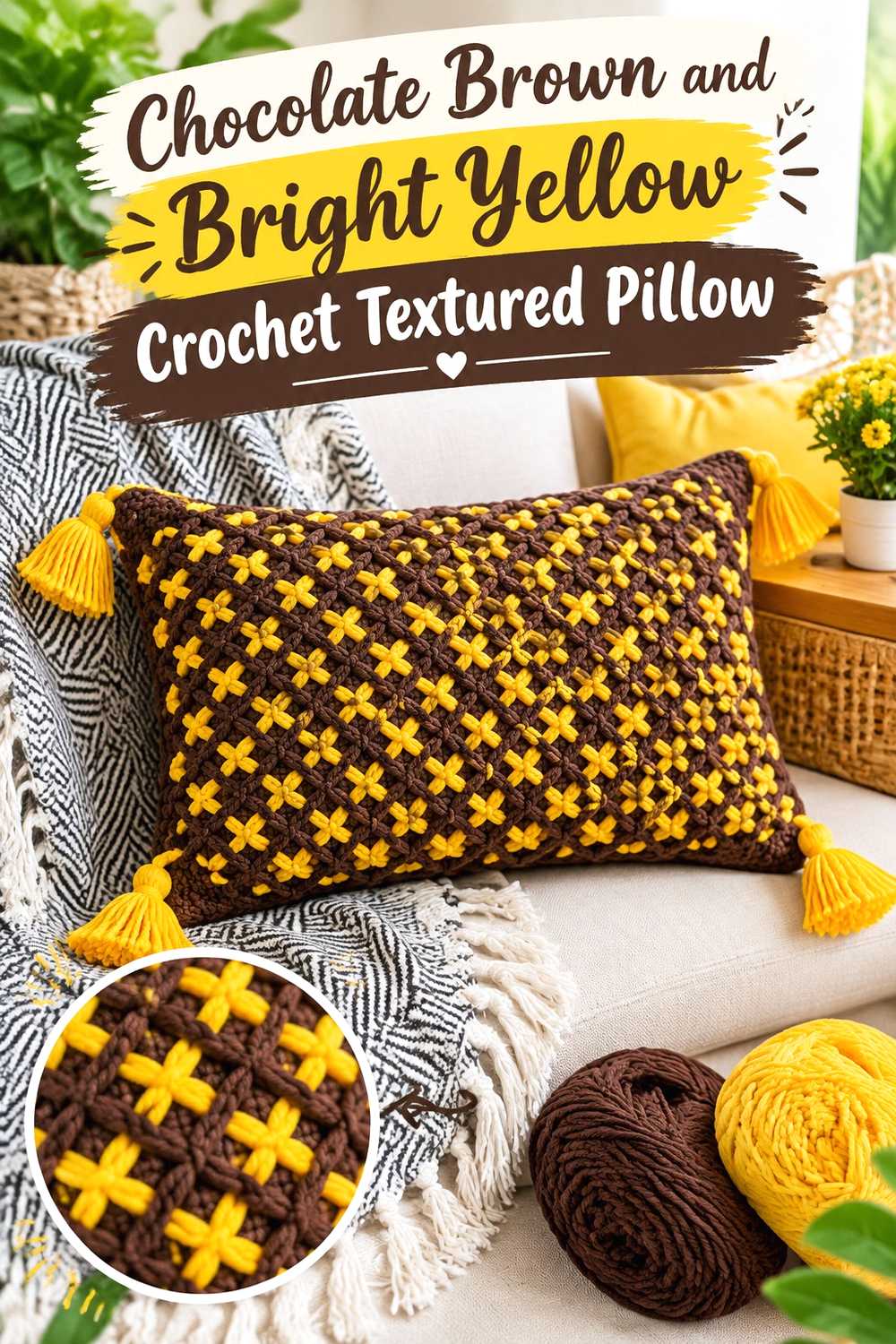 7. Chocolate Brown And Bright Yellow Crochet Textured Pillow