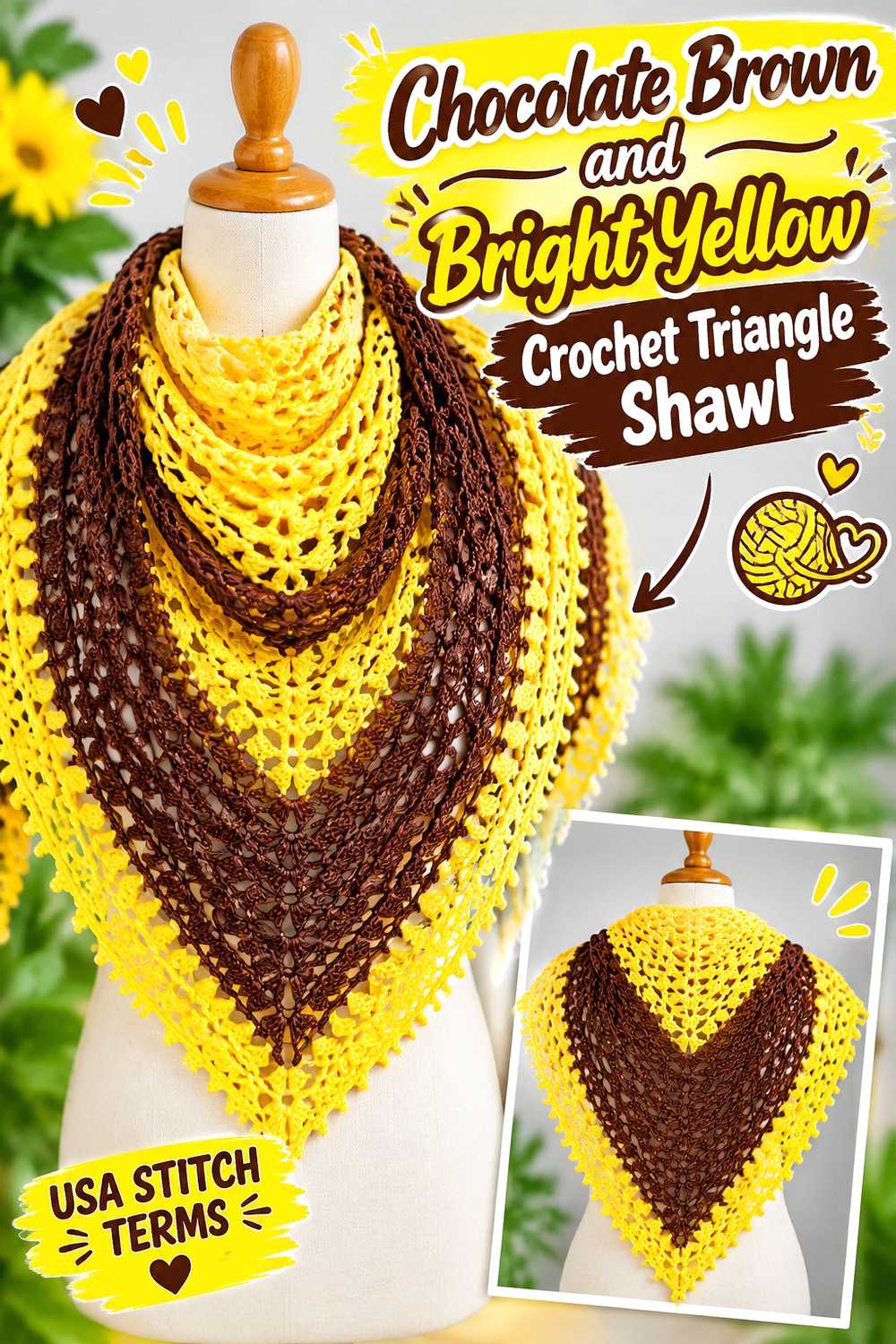 5. Chocolate Brown And Bright Yellow Crochet Triangle Shawl