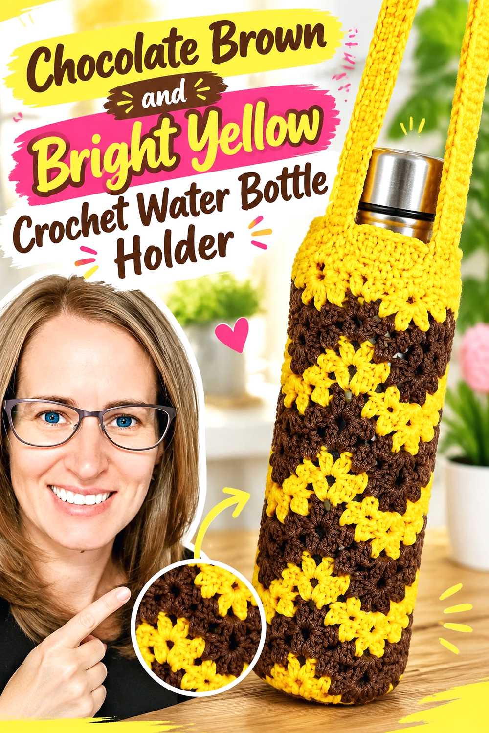 11. Chocolate Brown And Bright Yellow Crochet Water Bottle Holder