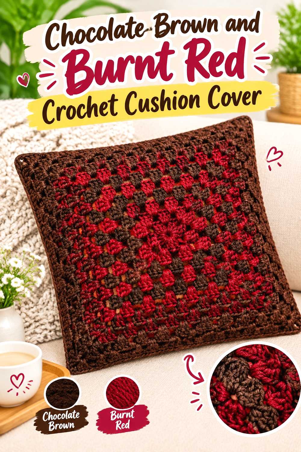 8. Chocolate Brown And Burnt Red Crochet Cushion Cover