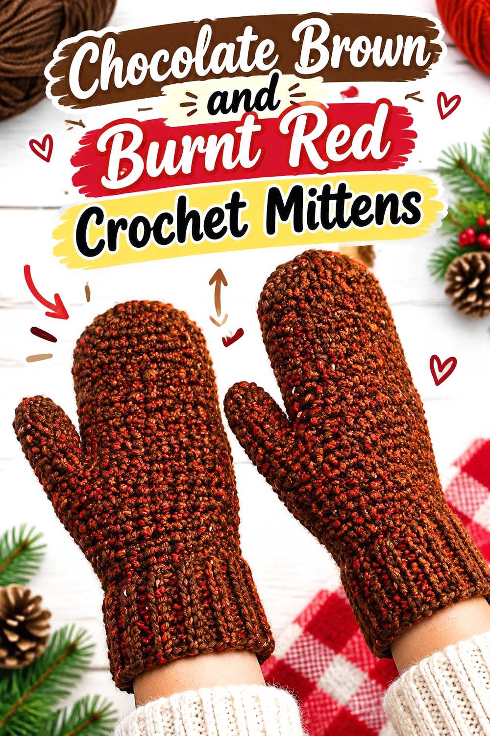 9. Chocolate Brown And Burnt Red Crochet Mittens