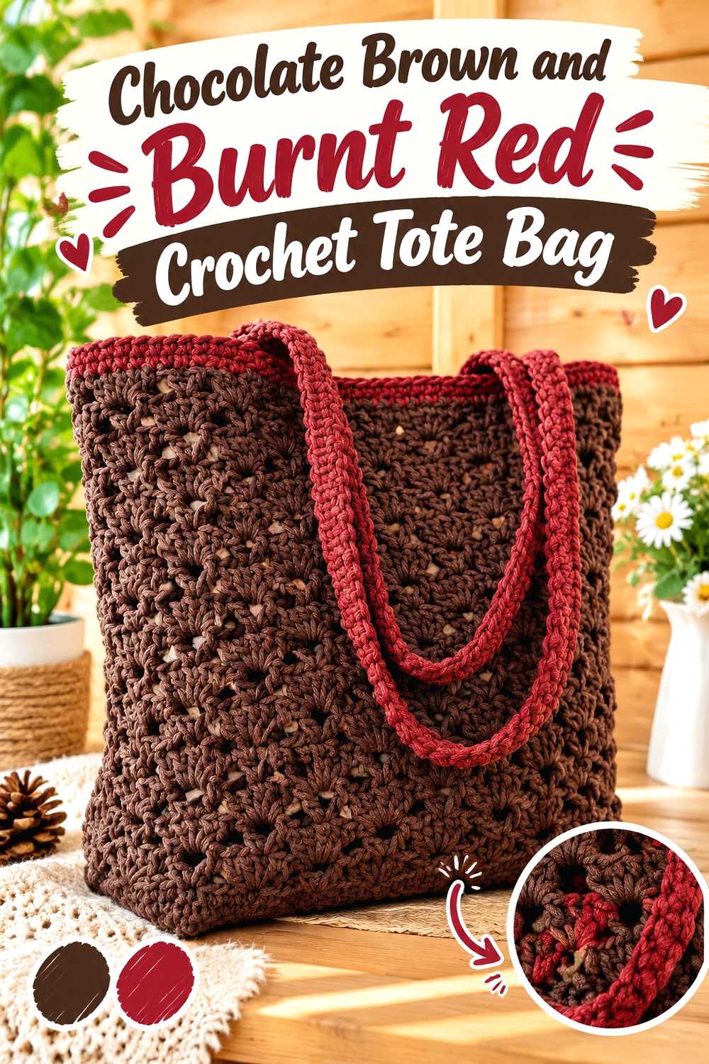 3. Chocolate Brown And Burnt Red Crochet Tote Bag